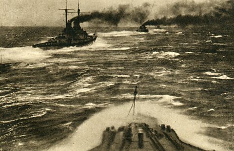 Warships in formation just prior to the Battle of Jutland, 1916.