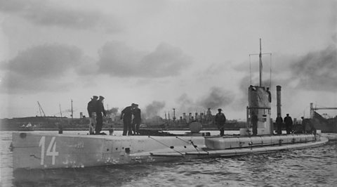 A contemporary photograph of German U-boat SM U-14 on the surface, 1914. The U-boat was sunk off the coast of Scotland in 1915.