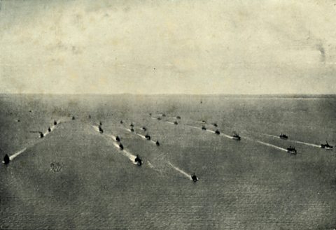 A convoy of merchant vessels being escorted into a British port under the protection of the fleet of the Auxiliary Patrol Service, WW1.