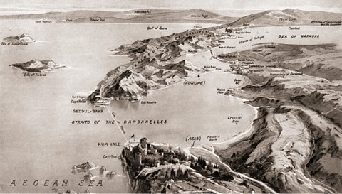 A drawing from 'The Illustrated War News', 1915, showing the geography of the Dardanelles Strait.