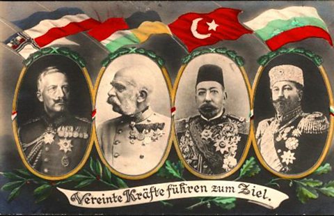 WW1 postcard showing Central Powers monarchs: Kaiser Wilhelm II of Germany, Emperor Franz Joseph of Austria-Hungary, Sultan Mehmed V of the Ottoman Empire,  King Ferdinand I of Bulgaria.