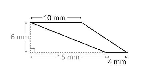 An image of a trapezium. The two horizontal, parallel sides are labelled as ten millimetres and four millimetres. The four millimetre line has been extended to the left such that it aligns with the start of the ten millimetre line. This additional length has been labelled as fifteen millimetres. The perpendicular distance between the two parallel sides has been labelled as six millimetres.