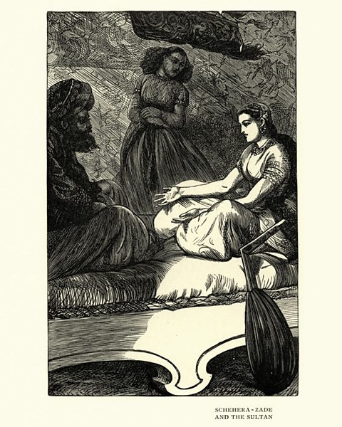 A black and white illustration of Shahrazad and the Sultan
