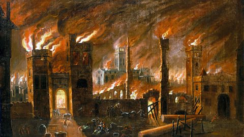 An illustration of the city of London during the Great fire of 1666. In the foreground people are collecting their belongings and fleeing. In the background St. Paul's cathedral is burning and flames are raging in the city. 