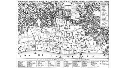 A map of London showing which parts of the city had been destroyed by the fire of 1666. At the bottom the river Thames is shown and all the area near it is missing buildings as they've been burned. 