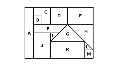 An image of a rectangle which has been split into thirteen shapes of various types and sizes. Shapes A, E, J and K are rectangles. Shapes B, D and M are squares. Shape C is an L shape. Shape F is a trapezium. Shapes G, H, I and L are triangles.