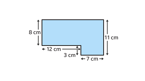 An image of a compound rectilinear shape. Starting with the top right vertex, the shape has sides of length, eleven centimetres down, seven centimetres left, three centimetres up, twelve centimetres left, eight centimetres up, with the final, unlabelled side joining back to the start.