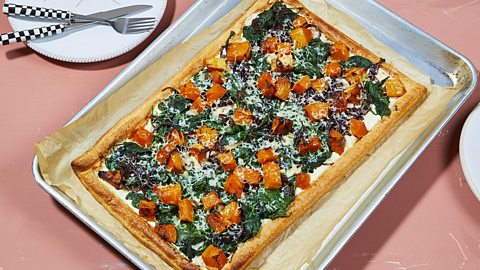 Squash onion and spinach tart