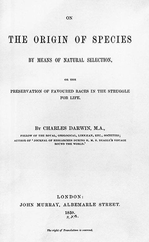 The title page of 'On the Origin of Species'. The white page reads: on The Origin of species by means of natural selection or the preservation of favoured races in the struggle for life. By Charles Darwin, M.A. fellow od the Royal, Geological, Linnean, etc. societies. Author of 'Journal of researches during H.M.S. Beagle's voyage round the world. London. John Murray, Albemarle Street, 1859