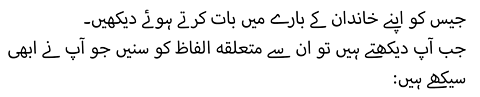 :جیس کو اپنے خاندان کے بارے میں بات کرتے ہوئے دیکھیں۔ جب آپ دیکھتے ہیں تو ان سے متعلقہ الفاظ کو سنیں جو آپ نے ابھی سیکھے ہیں