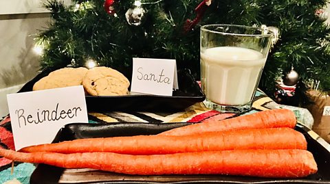 A tray with carrots for the reindeer, and a glass of milk and cookies for Santa.