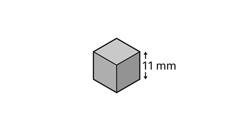 The image shows an isometric projection of a cube. The length of the cube has been labelled as eleven millimetres. The cube is coloured grey.