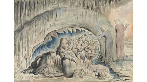 A colour drawing of a three-headed monster with corpses beneath. Two people stand beside