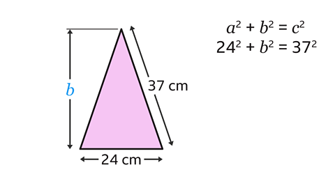 An image of an isosceles triangle. The isosceles triangle has a base of twenty four centimetres. The two equal sloping sides measure thirty seven centimetres. The vertical height of the triangle is labelled b. Written right: a, squared plus b squared equals c squared. Written below: twenty four squared plus b squared equals thirty seven squared. The b is coloured blue, and the triangle is coloured pink.