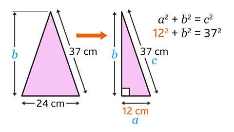 A series of two images. The first image is the same as the previous.  The second image is half of the previous image.  The horizontal, twelve centimetres has been labelled a, the vertical side has been labelled b, and the side of length thirty seven centimetres has been labelled c.  Written right: a, squared plus b squared equals c squared. Written below: twelve squared plus b squared equals thirty seven squared. The a, b and c are coloured blue, the twelve centimetres and the twelve sqaured are coloured orange. There is an orange right arrow between the two images.