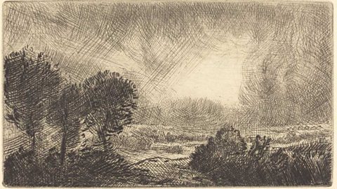 A crosshatched black and white image of trees in a storm