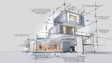 3D rendering of a modern building with measurements and annotation