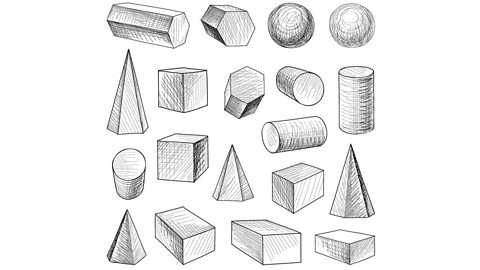 Black and white sketches of prisms, cylinders, pyramids, cubes, cuboids and spheres