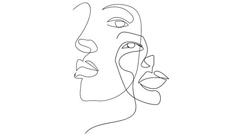 Abstract continuous line drawing of two merging faces. Black line against white background.