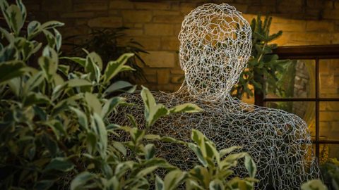 Wire sculpture of a man's head and shoulders partially obscured by a bush