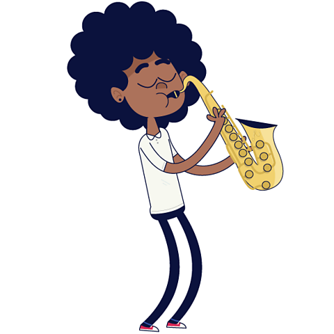 A cartoon of a girl playing a saxophone.