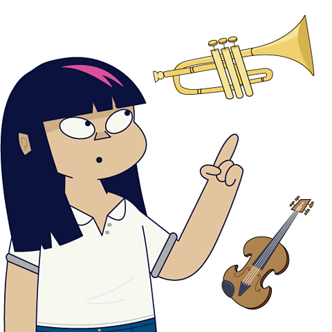 Animated girl with a trumpet and a violin.