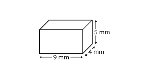 The image shows a cabinet projection of a cuboid. The length is labelled as nine millimetres, the width is labelled as four millimetres, and the height is labelled as five millimetres. Written top left: volume equals length multiplied by width multiplied by height; example two.