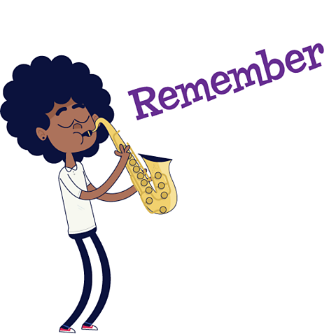 Animated girl playing the saxophone saying remember.