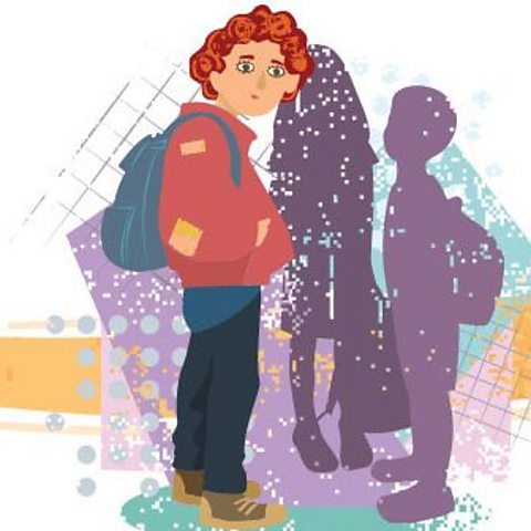 An illustration of Jack, who has red curly hair and is wearing a red jumper and carrying a blue backpack