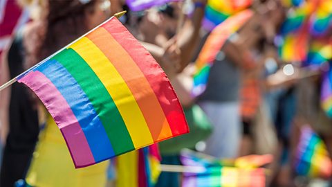 A photograph of a rainbow flag being waved in mid air. In the slightly blurred background many other people are waving rainbow flags.