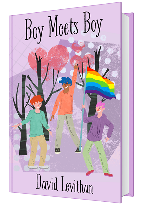 The front cover of a book with the title Boy Meets Boy by David Levithan. The image shows three boys dancing in the woods. There are love hearts behind them and one is holding a rainbow flag.