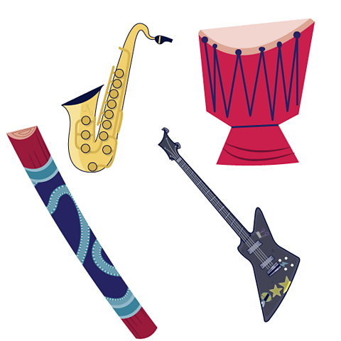 A cartoon of a collection of instruments including a saxophone, a drum and a bass guitar