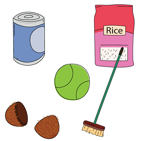 A cartoon of a collection of objects that can be used to create found sounds.