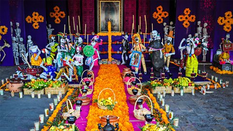 A colourful shrine to celebrate the Day of the Dead Festival. In the middle is an orange cross and a carpet of orange flowers in front of it surrounded by baskets and black pots. Behind the cross are skeleton dolls dressed in different outfits and a portrait of the Virgin Mary.