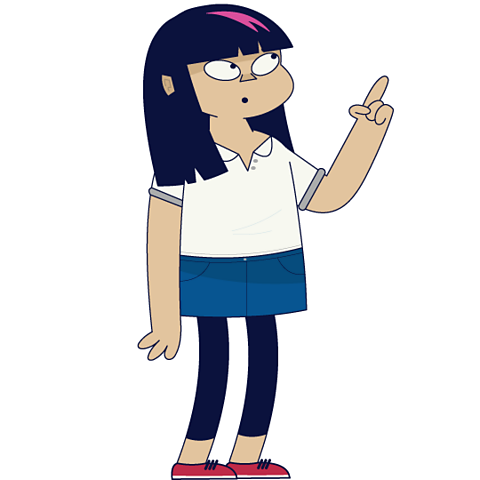 A cartoon of a girl pointing.