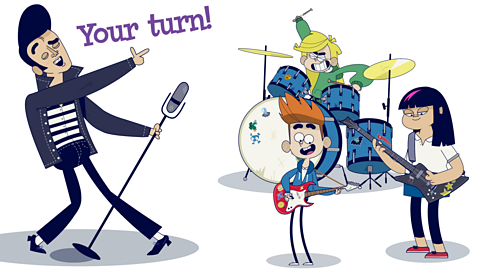 A cartoon of Elvis Presley shouting 'Your turn' to a band.