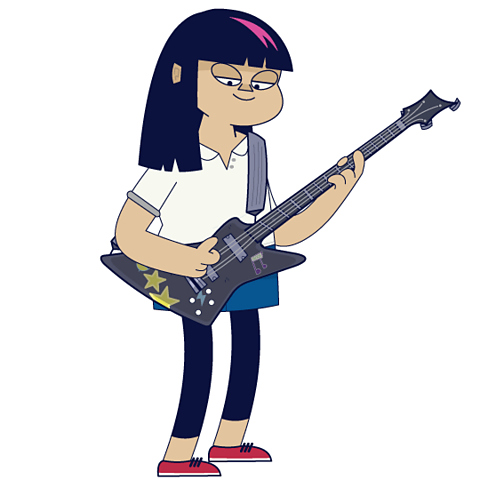 A cartoon of Ruby playing her base guitar