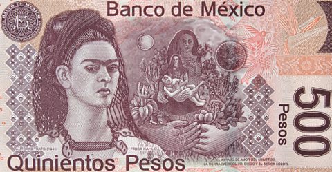 A photo of the Mexican 500 peso note, with Kahlo's portrait printed on it.