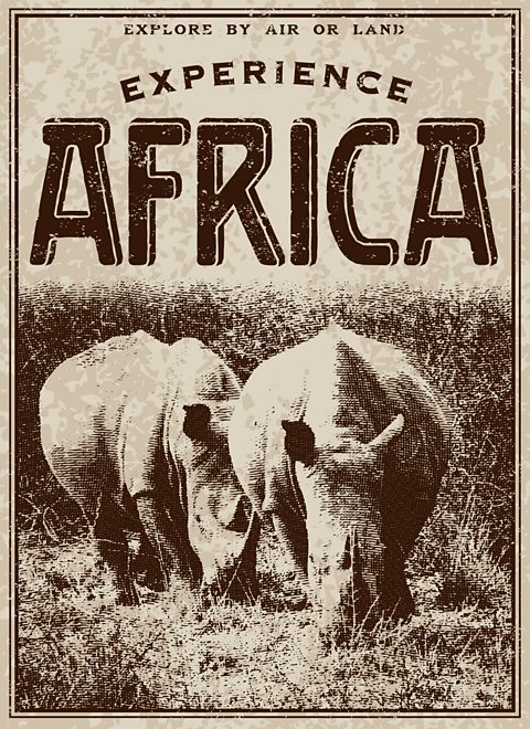 An old fashioned advertisement in a Victorian style, saying "experience Africa" and featuring two rhinos