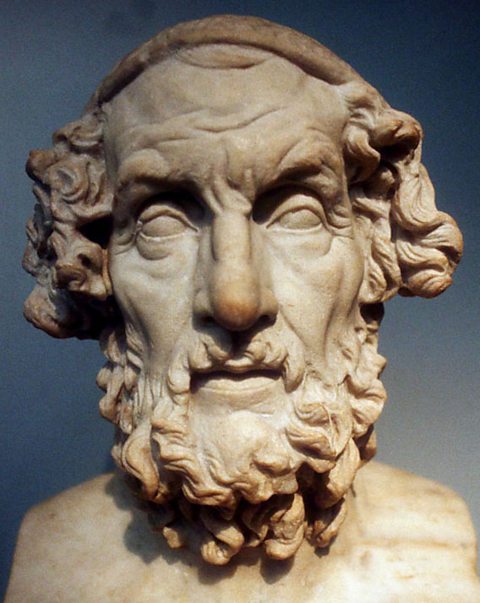 A stone bust of Homer, with blind eyes and a beard.