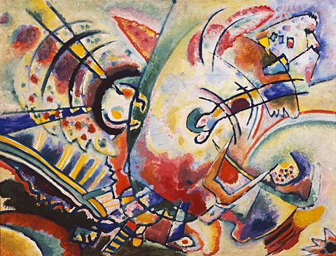 Non-Objective, painted by Wassily Kandinsky in 1910. It is a colourful painting with lots of abstract shapes and lines.