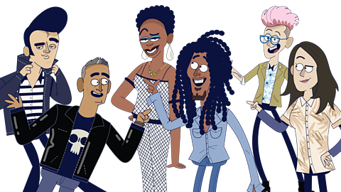 A cartoon image with Elvis Presley, Nitin Sawhney , Nina Simone, Bob Marley, Anna Meredith and Kerry Andrews. 