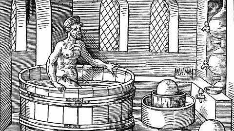 A black and white illustration of Ancient Greek mathematician Archimedes standing in a bath tub.