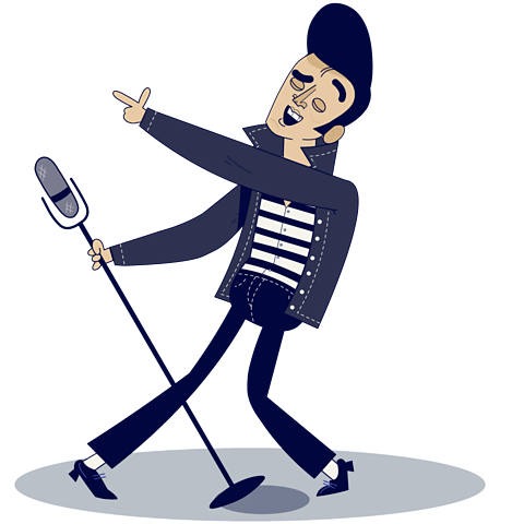 A cartoon of Elvis Presley singing and holding a microphone and is pointing to the left.