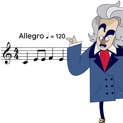 Beethoven pointing out the tempo and description on a musical score.