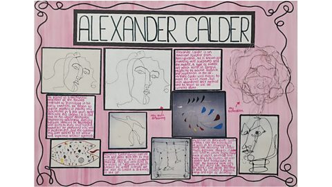 Collage of line drawings and notes. A pink background and the heading Alexander Calder