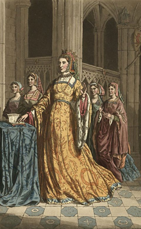 A colour illustration of Margaret of Anjou standing at a covered plinth in a church, her right hand placed on an open book and her left hand raised. She wears elaborately patterned yellow and green robes and a headdress. Four females stand around her.