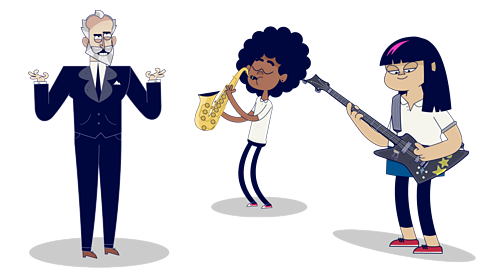 A cartoon of Tchaikovsky and two girls. One girl is playing the saxophone and the other is playing a bass guitar.