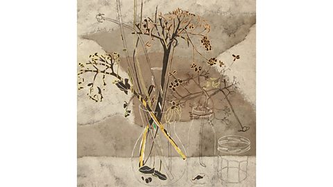 Twigs in a vase, drawn with black, gold and white fineliners on a brown and grey painted background.