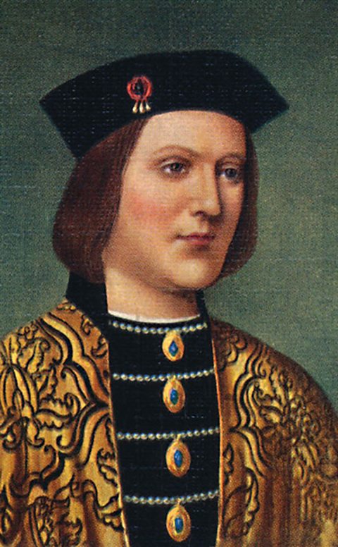 A painting of King Edward IV, facing to the right. He is wearing a black cap with a red pin and a gold patterned gown, with a jewelled black tunic